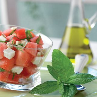 Salade de Pastèque et de Manouri à la Menthe Fraîche et aux Amandes Hachées, par Stelios Parliaros